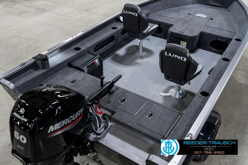 Slide: The Image of 2025 Lund 1775 Pro Guide fishing boat with Mercury 50 HP engine, interior view. - 12