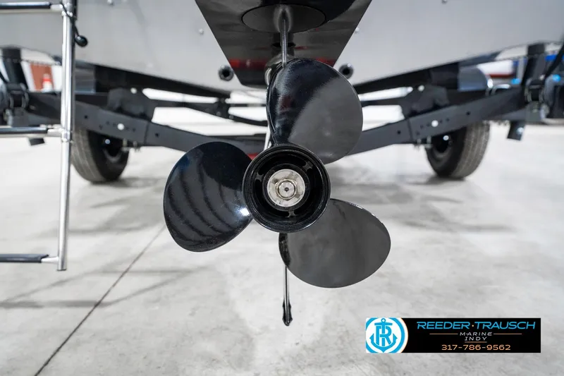Slide: The Image of 2025 Lund 1775 Pro Guide boat propeller close-up in showroom. - 45