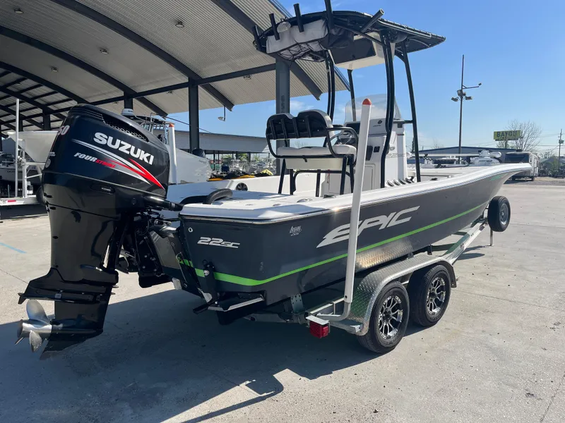 Slide: The Image of 2015 Epic 22 SC Center Console Bay Boat with Suzuki outboard motor on trailer. - 7