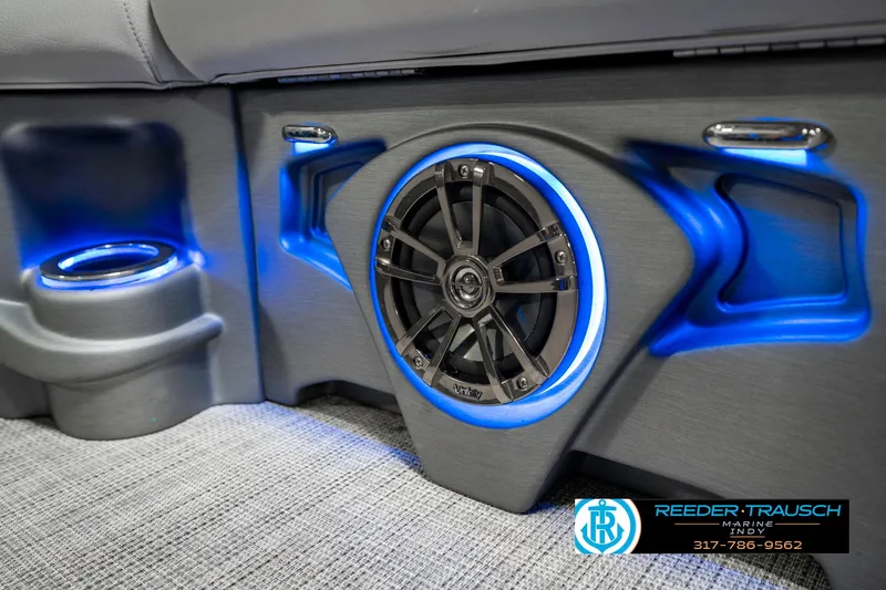 Slide: The Image of Speaker with blue LED lighting in 2020 Avalon 2485 boat interior. - 44