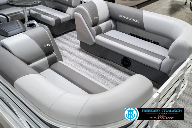 Slide: The Image of 2025 Bennington 18 SLJ pontoon boat with luxurious gray seating and modern design. - 13