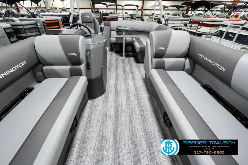 Slide: The Image of 2025 Bennington 18 SLJ pontoon boat interior with gray seating and modern design. - 16