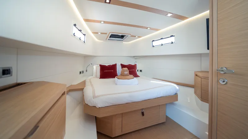 Slide: The Image of Luxurious cabin interior of 2023 Pardo Yachts 38 with modern design and cozy bedding. - 33