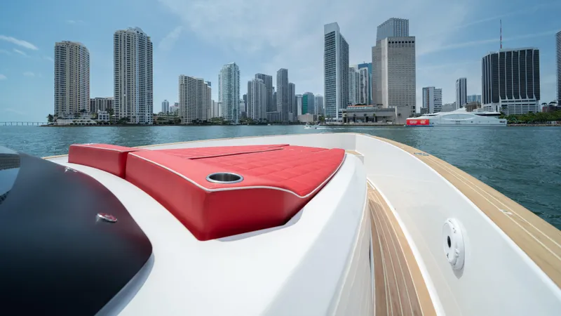 Slide: The Image of 2023 Pardo Yachts 38 cruising with city skyline in the background. - 43