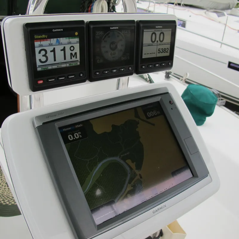 Slide: The Image of Navigation instruments on a 1999 Catalina 42 MkII sailboat, featuring Garmin displays. - 11