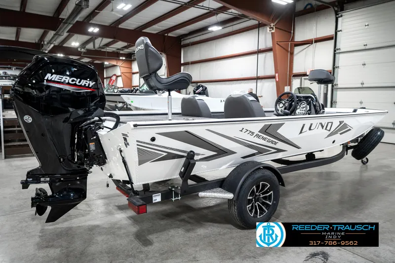 Slide: The Image of 2025 Lund 1775 Renegade boat with Mercury engine in showroom. - 6