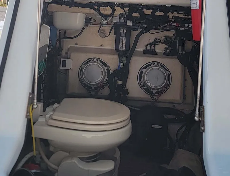 Slide: The Image of 2014 Yellowfin 36 boat interior with toilet and equipment. - 9