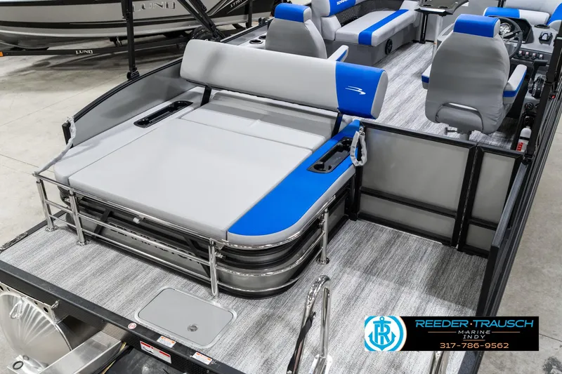 Slide: The Image of 2025 Bennington 20 SSB pontoon boat interior with gray and blue seating. - 14