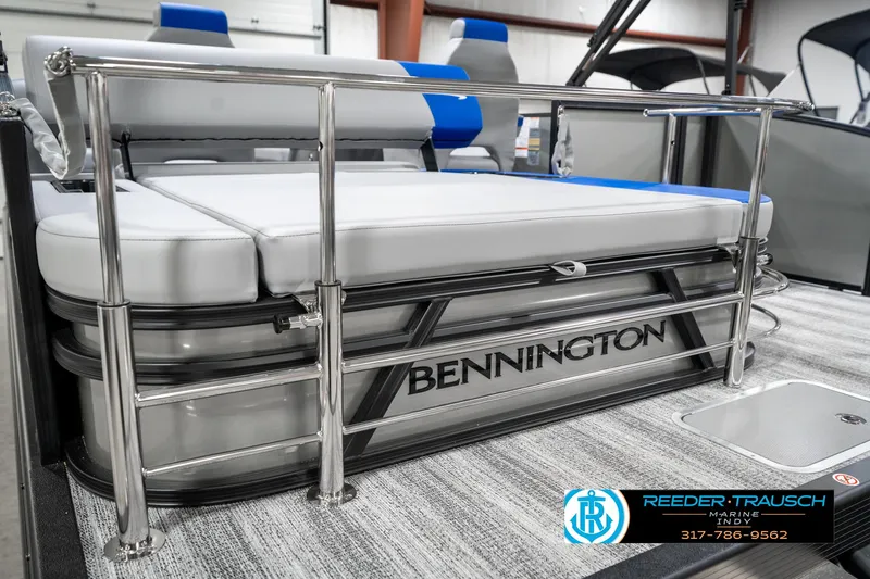 Slide: The Image of 2025 Bennington 20 SSB pontoon boat with sleek seating and modern design. - 29