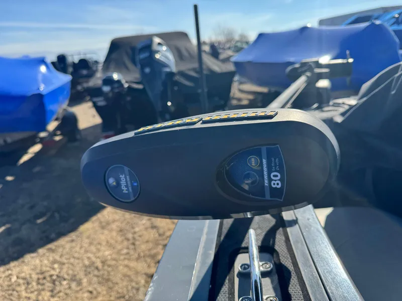 Slide: The Image of Trolling motor on 2017 Tracker Targa V-18 Combo boat, outdoor storage setting. - 8