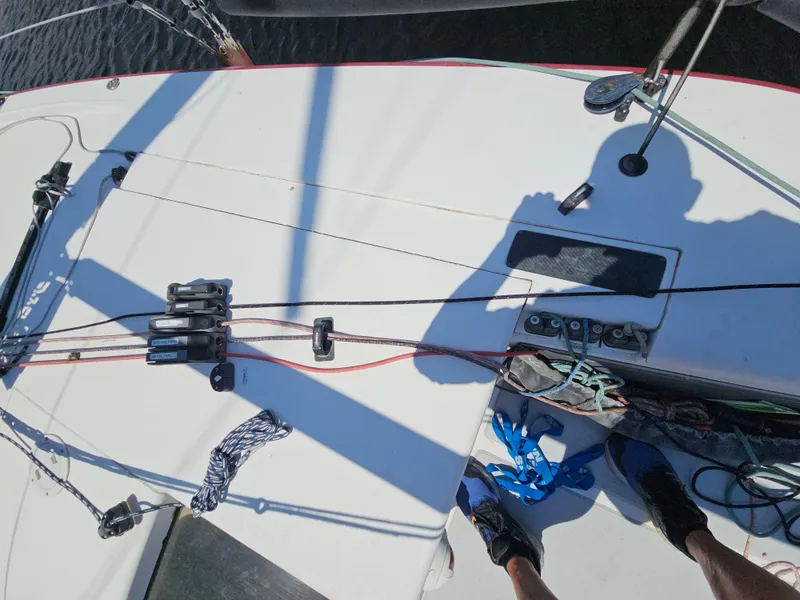 Slide: The Image of Deck of 2014 C&C Mega 30 One Design sailboat with rigging and ropes. - 7