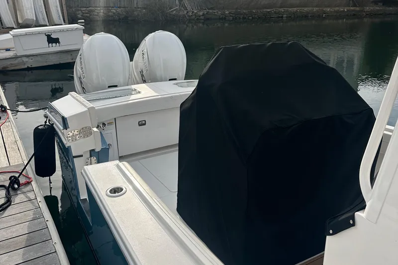 Slide: The Image of 2024 Regulator 31 boat docked with covered seating and dual engines. - 10