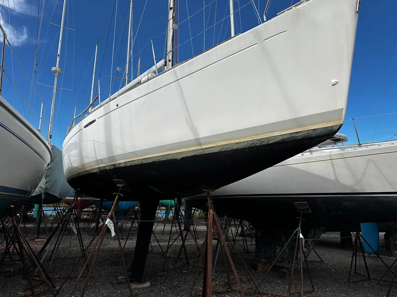Slide: The Image of 2006 Beneteau First 36.7 sailboat on stands, ready for maintenance. - 20