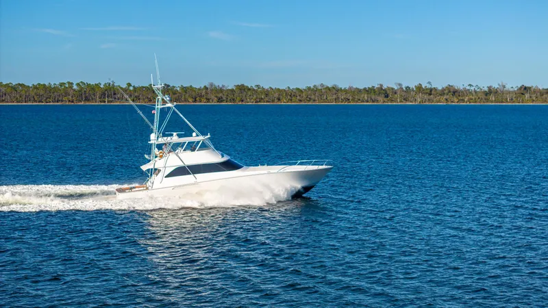 Slide: The Image of Viking 2005 model boat cruising on a serene blue lake, clear sky above. - 43
