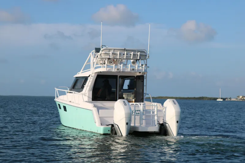 Slide: The Image of ArrowCat 320 Fly Dual Helm 2020 boat on calm water, rear view, clear sky. - 4