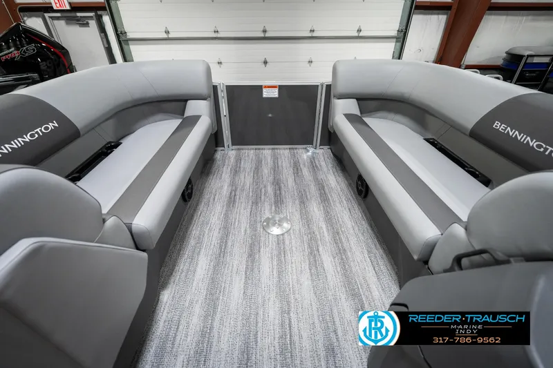 Slide: The Image of 2025 Bennington 21 SLJ pontoon boat interior with gray seating and carpeted floor. - 22