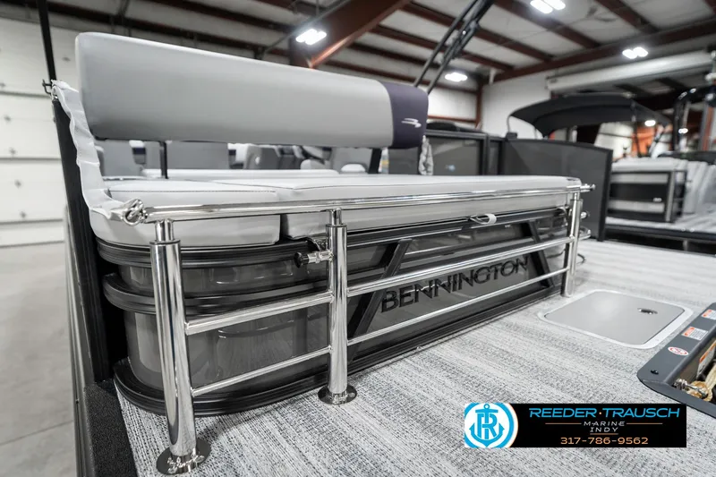 Slide: The Image of 2025 Bennington 21 SSB boat interior with sleek seating and modern design. - 30