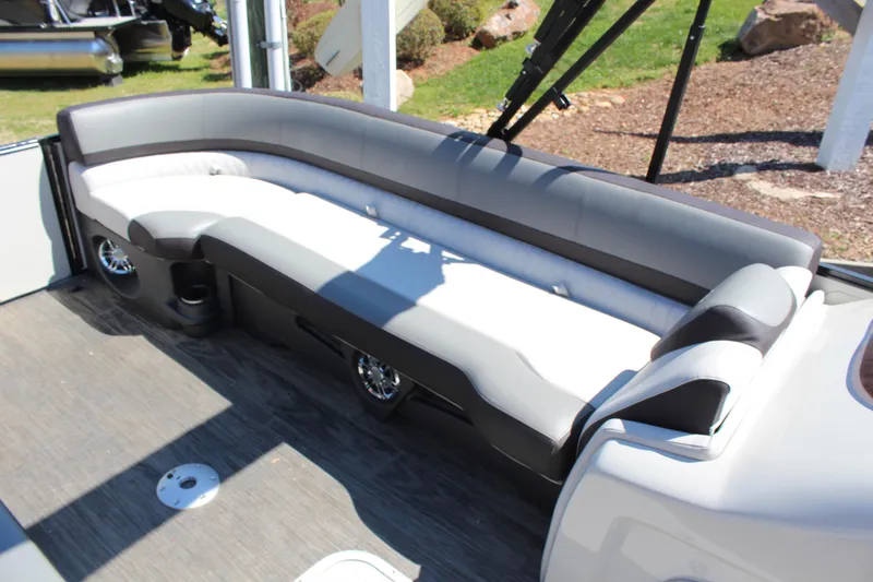 Slide: The Image of 2023 Tahoe Pontoon Cascade Platinum Versatile Rear Bench, luxurious seating, modern design. - 10