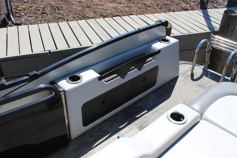 Slide: The Image of 2023 Tahoe Pontoon Cascade Platinum Versatile Rear Bench, featuring sleek seating and cup holders. - 15