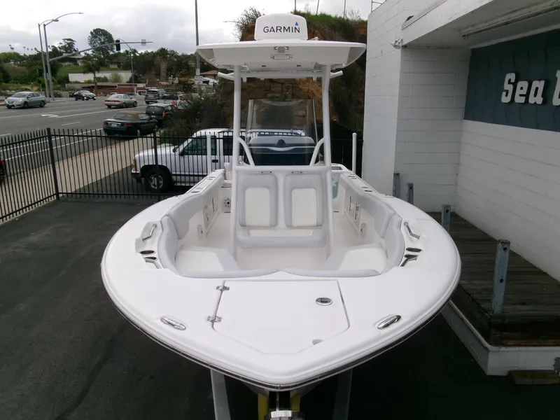 Slide: The Image of 2020 Sea Fox 248 Commander boat with Garmin equipment, parked outdoors. - 31