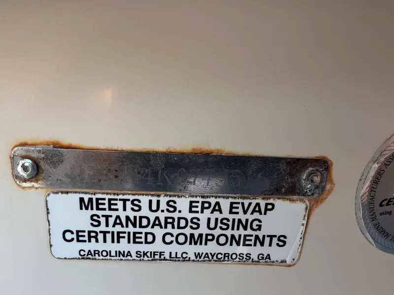 Slide: The Image of 2016 Carolina Skiff 198 DLV compliance label, meets U.S. EPA EVAP standards, Waycross, GA. - 28