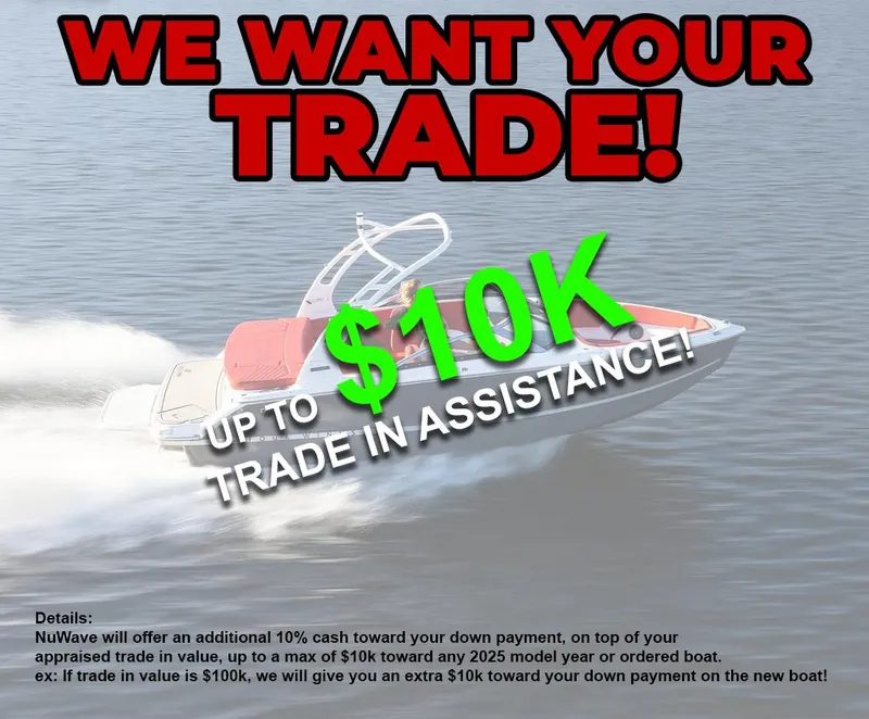 Slide: The Image of 2025 Aquasport 28AS Center Console boat with trade-in offer, $10K assistance highlighted. - 1
