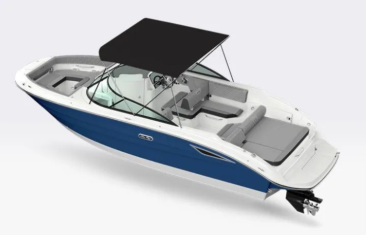 Slide: The Image of 2025 Sea Ray SDX 250 boat with blue hull and black canopy, side view. - 18