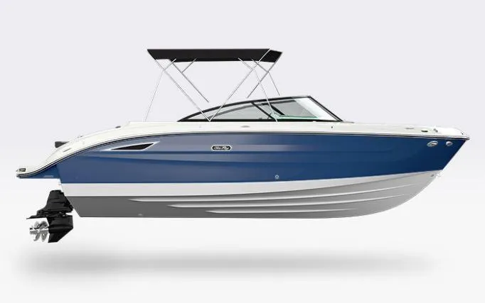 Slide: The Image of 2025 Sea Ray SDX 250 boat, blue and white, side view with canopy. - 19