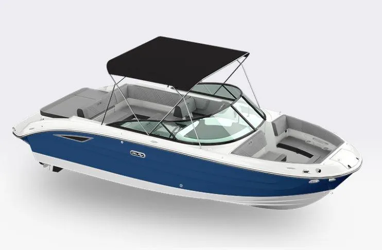 Slide: The Image of 2025 Sea Ray SDX 250 boat with blue hull and black canopy. - 20