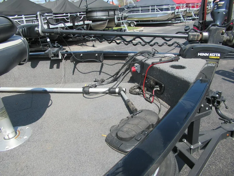 Slide: The Image of 2019 Tracker Pro V175 Guide boat deck with Minn Kota trolling motor. - 2