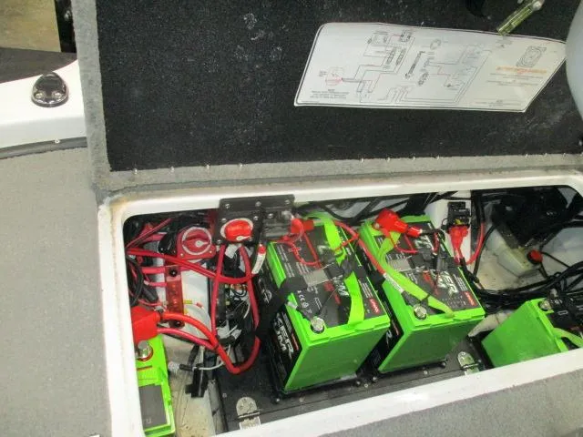 Slide: The Image of 2024 Nitro Z20 boat battery compartment with multiple green batteries and wiring. - 6