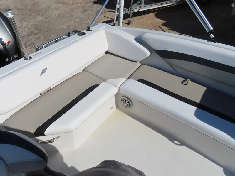 Slide: The Image of 2022 Starcraft SVX 171 boat interior with white and gray seating. - 16
