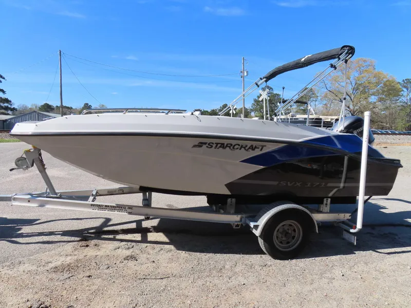 Slide: The Image of 2022 Starcraft SVX 171 boat on trailer under clear blue sky. - 23