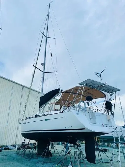 Slide: The Image of 2007 Beneteau 49' Cruiser sailboat on stands, ready for maintenance. - 6