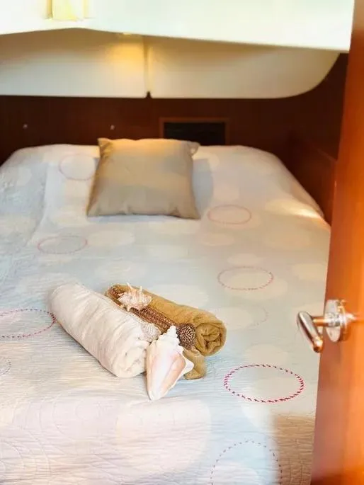 Slide: The Image of Cozy bedroom in 2007 Beneteau 49' Cruiser with neatly arranged linens and seashell decor. - 7