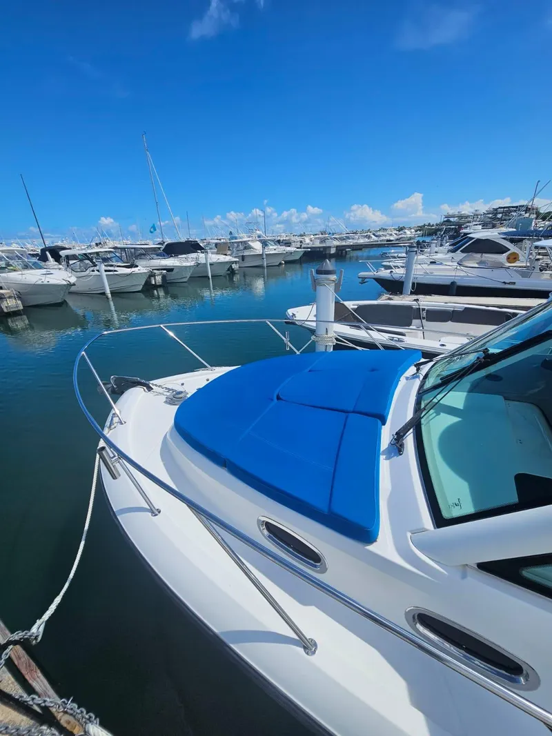Slide: The Image of 2013 Boston Whaler 315 Conquest docked in a marina under a clear blue sky. - 16