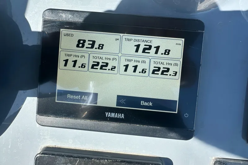 Slide: The Image of Yamaha display showing trip data on 2023 Tidewater 2700 Carolina Bay boat. - 25