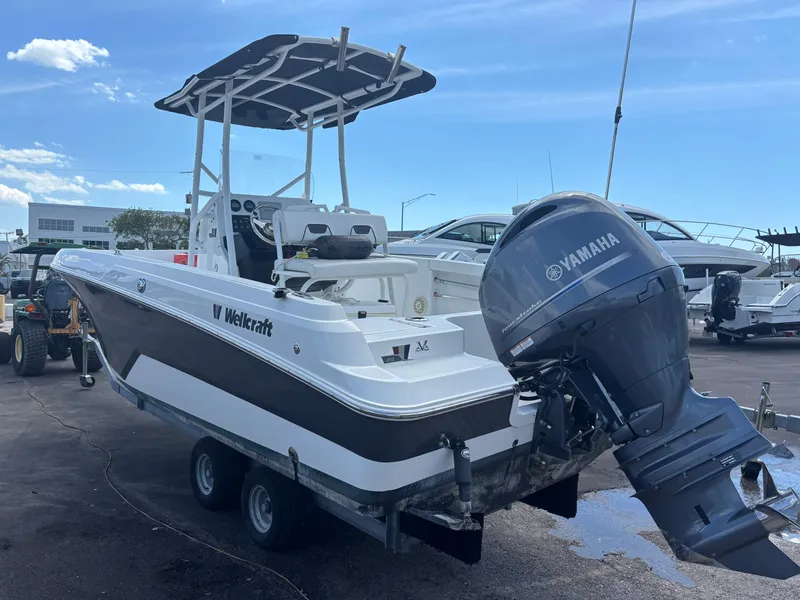 Slide: The Image of 2022 Wellcraft 202 Fisherman boat with Yamaha outboard motor on a trailer. - 2