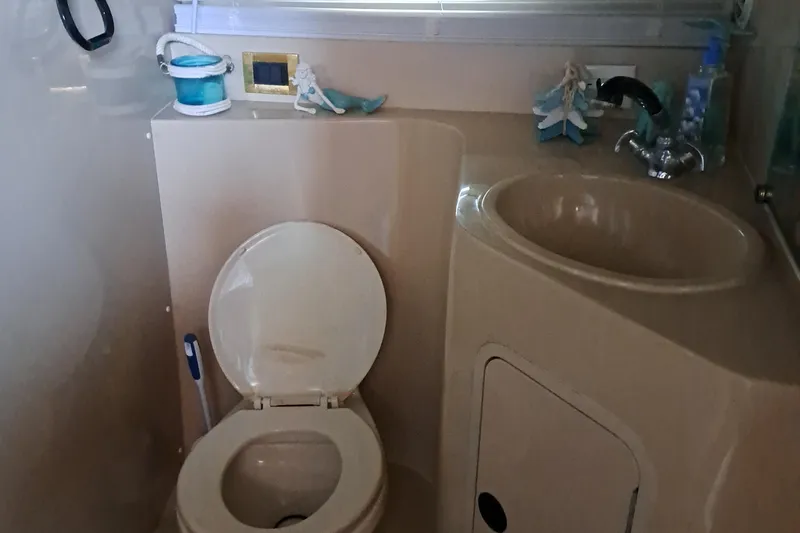 Slide: The Image of 1999 Cruisers aft cabin bathroom with toilet, sink, and toiletries. - 6