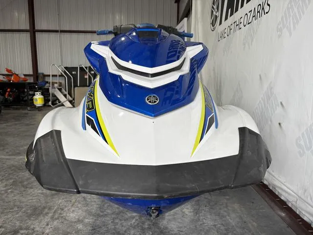 Slide: The Image of 2019 Yamaha WaveRunner VXR in a showroom, front view, blue and white design. - 8