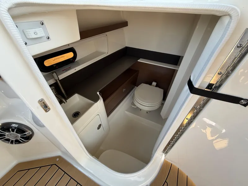 Slide: The Image of 2022 Sea Ray 290 SDX OB boat interior with compact bathroom and wooden accents. - 24