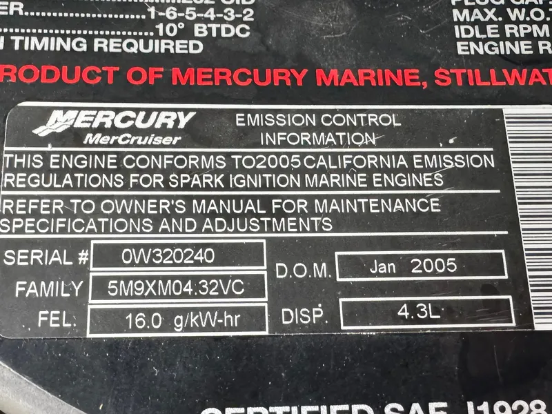 Slide: The Image of Mercury MerCruiser engine emission label, 2005, serial 0W320240, 4.3L displacement, Maxum 1800 SR3. - 16