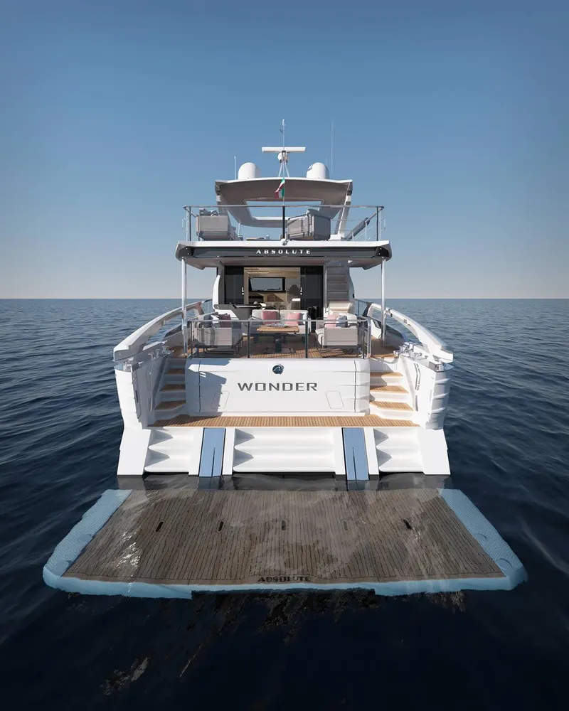 Slide: The Image of Luxurious interior of 2026 Absolute 70' Fly yacht with elegant dining and seating areas. - 10