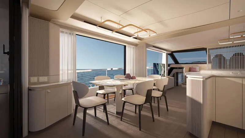 Slide: The Image of Luxurious interior of 2026 Absolute 70' Fly yacht with modern dining and kitchen area. - 11