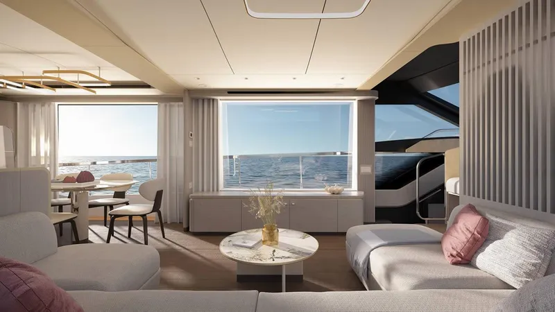 Slide: The Image of Luxurious interior of 2026 Absolute 70' Fly yacht with ocean view and elegant dining area. - 13