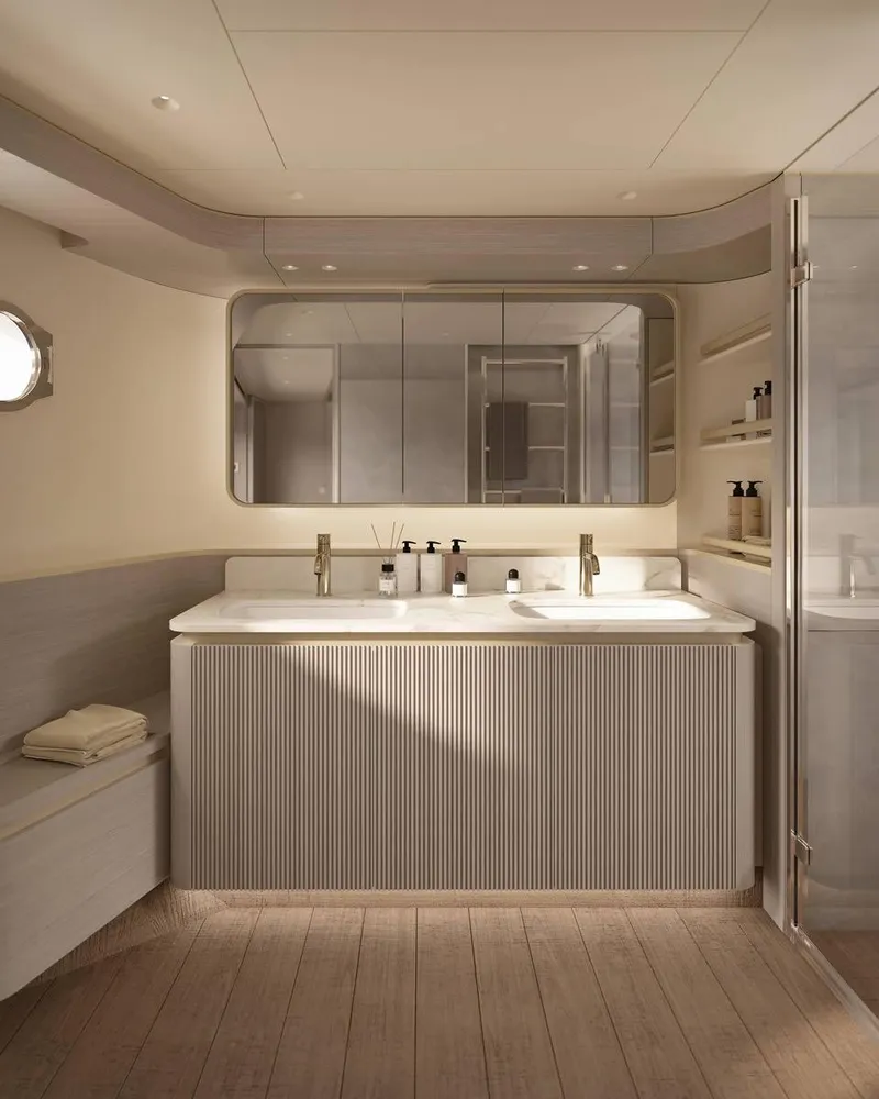 Slide: The Image of Luxurious bedroom interior on 2026 Absolute 70' Fly yacht, featuring modern lighting and elegant decor. - 15
