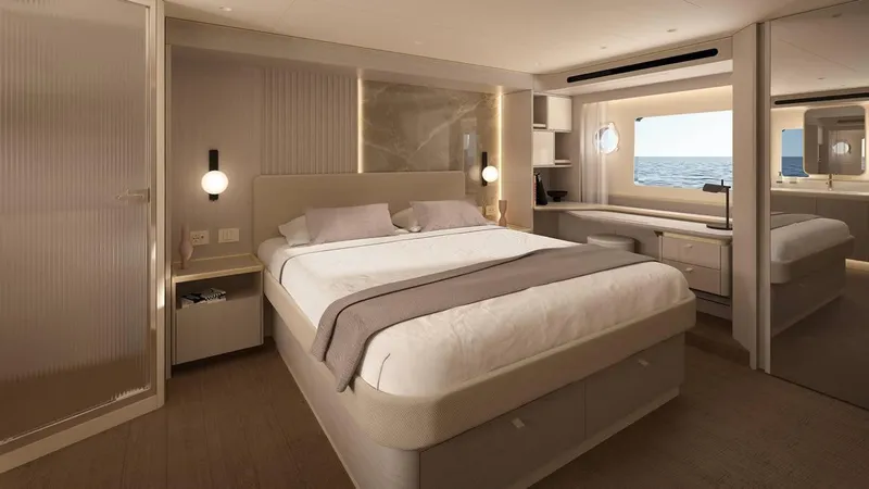 Slide: The Image of Luxurious bedroom interior of 2026 Absolute 70' Fly yacht with modern design and ocean view. - 16
