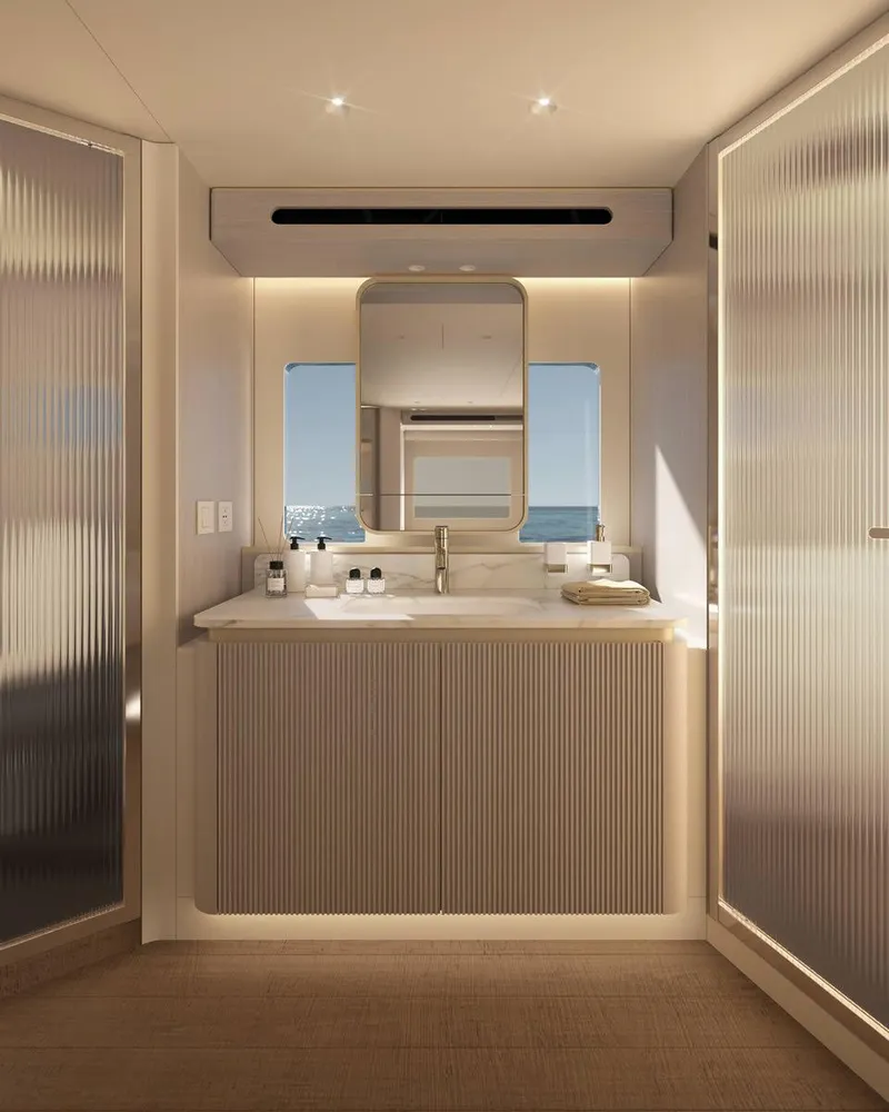 Slide: The Image of Luxurious bedroom interior of 2026 Absolute 70' Fly yacht with modern design and ocean view. - 16