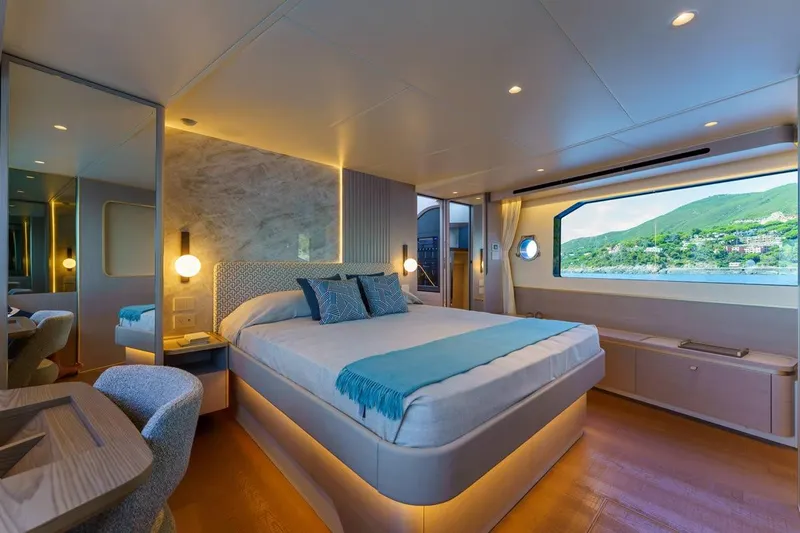 Slide: The Image of Luxurious bedroom interior of 2026 Absolute 70' Fly yacht with scenic ocean view. - 17