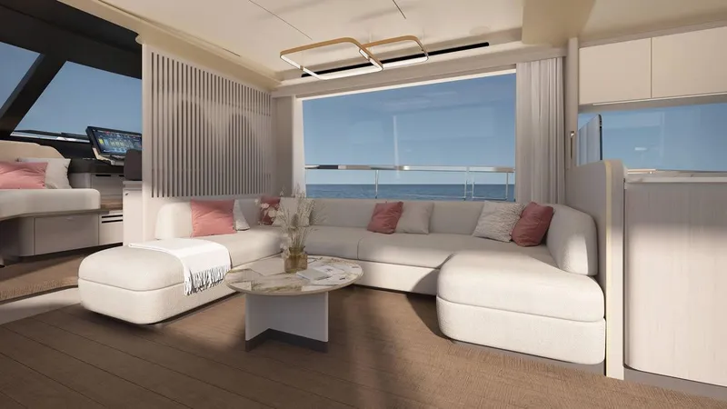 Slide: The Image of Luxurious interior of 2026 Absolute 70' Fly yacht with elegant dining and lounge area. - 11